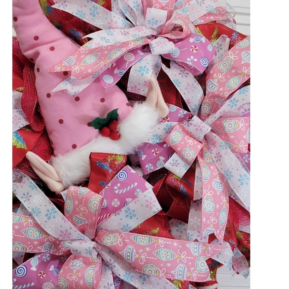 Pink Christmas Elf Wreath Holiday Door Decor Deco Mesh Ribbon 36 Inch Large